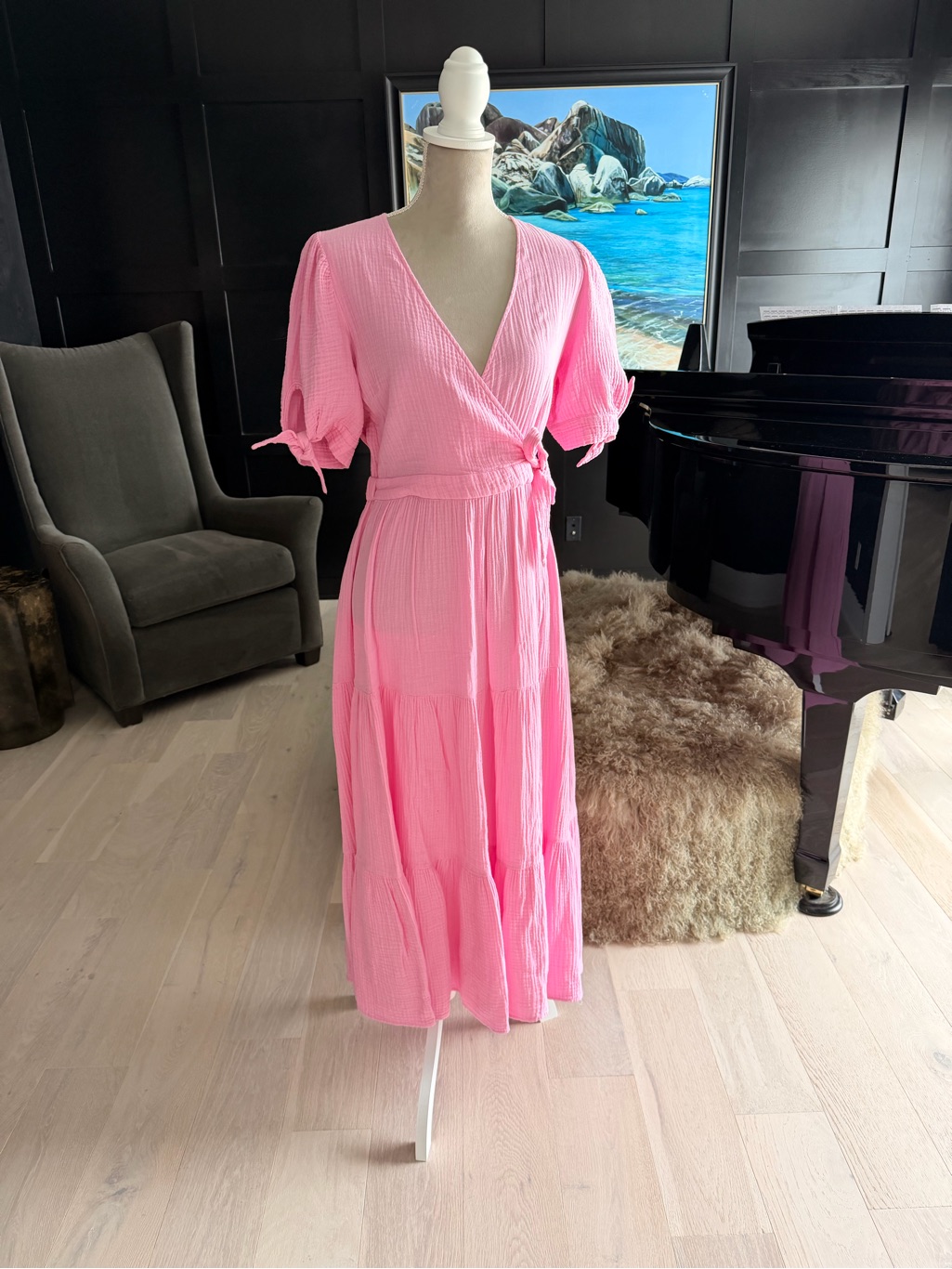 Frnch Pink Wrap Maxi Dress With Puff Sleeves